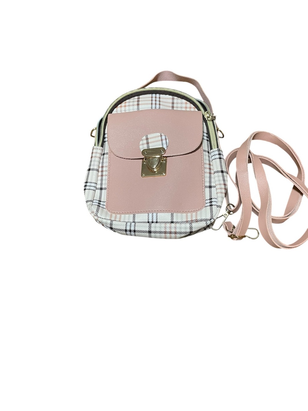 Plaid Pink Mini Crossbody with Gold-Tone Lock